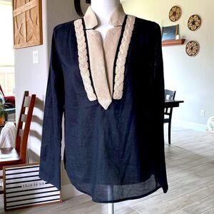 J. Crew Soutache Trim Black V Neck Long Sleeve Tunic Cotton Small